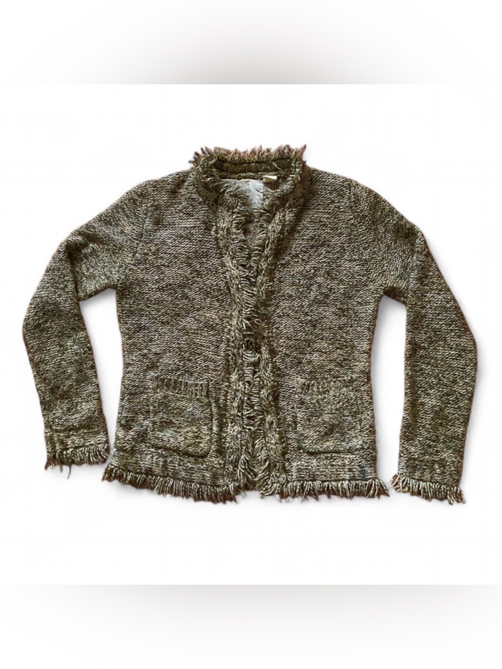 ANGEL OF THE NORTH Knit Cardigan w. Patch Pockets & Fringe Trim | XS | GrayGreen